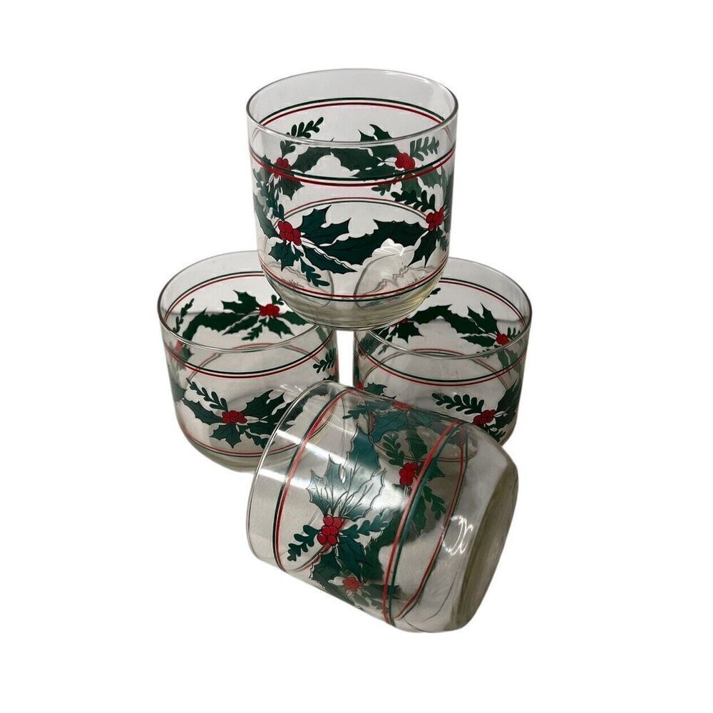 Vintage Holly and Berry Double old-Fashioned Christmas Glasses Set of 4